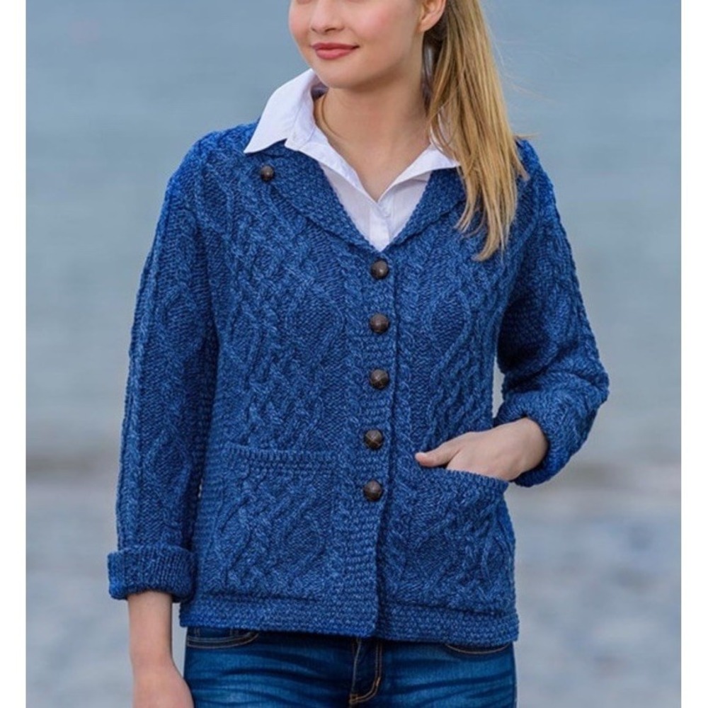Aran Sweater Market Blue Merino Wool Cardigan Sweater Cable Knit Sz Xl Ireland